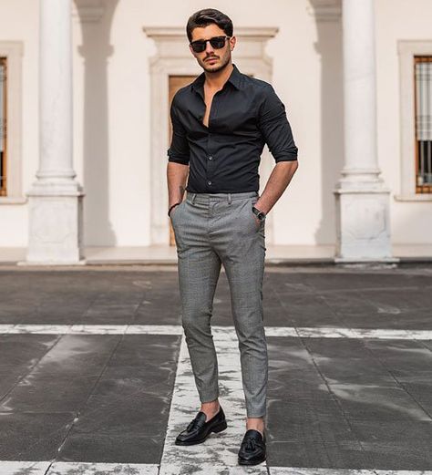 40+ Cool Clubbing Outfit Ideas For Men (2021) Work Shirts Men, Formal Pant Shirt, Black Shirt Outfit Men, Leather Baseball Jacket, Black Shirt Outfits, Slacks Outfit, Grey Pants Outfit, Grey Pants Men, Shirt Outfit Men