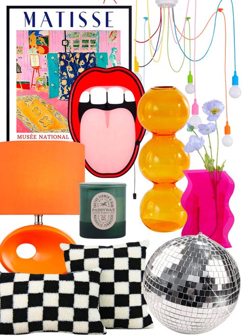 Black and white checkered throw pillows, pink vase, orange bubble vase, disco ball, green candle, neon sign, lips decor, Matisse print, orange lamp, colorful decor, eclectic aesthetic. Bedroom Funky Decor, Budget Maximalism, Disco Room In House, Retro Table Setting Decor, Hacks For Home Decor, Disco Powder Room, Funky Colorful Home Decor, Unique Eclectic Decor, Disco Ball Corner Hanging