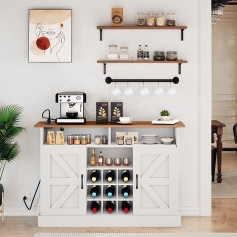 Rustic farmhouse coffee bar cabinet with industrial elements. Diy Corner Coffee Bar, Buffet Cabinet Farmhouse, Corner Coffee Bar, Farmhouse Sideboard Buffet, White Sideboard Buffet, Coffee Bar Cabinet, Farmhouse Sideboard, Coffee Saucer, Coffee Bar Design