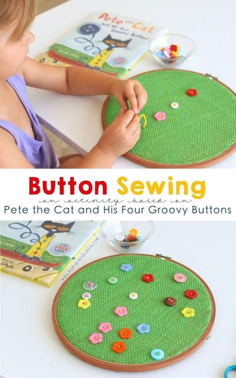 Button Sewing for Preschoolers {a Pete the Cat and His Four Groovy Buttons activity} | Mama.Papa.Bubba. Montessori Practical Life Activities, Primary Montessori, Sewing Activities, Button Sewing, Montessori Practical Life, Preschool Fine Motor, Pete The Cat, Beginner Sewing, Beginner Sewing Projects Easy