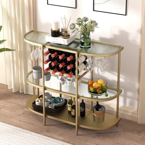 Display various wines and spirits to make your serving easy with this multi-functional wine stand. Bar Cart Wall Shelves, Bar Cart Seating Area, Bar Cart With Wine Fridge, Shelves With Glass, Liquor Bar Cabinet, Peace Place, Wine Station, Wine Rack Table, Modern Wine Rack