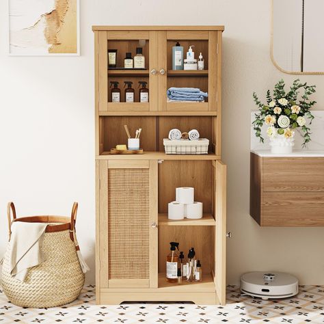 PRICES MAY VARY. Please confirm the size before purchasing: 23.6"L x 11.8"W x 50.4"H. Delicate Design: This bathroom cabinet is a combination of handcrafted rattan doors and natural appearance, giving a special Bohemian style. It is easy to comply with most of house styles, such as modern, traditional, farmhouse and industrial etc Storage Master: With 1 open compartments, 2 cabinets with doors and interior adjustable shelves, it's a perfect way to gain extra storage space in the bathroom, you ca Additional Bathroom Storage Ideas, Space Saving Cabinet, Rattan Bathroom, Bathroom Storage Cabinet Freestanding, Rattan Storage Cabinet, Freestanding Bathroom Storage, Tall Bathroom Storage Cabinet, Rattan Doors, Kitchen Pantry Cabinet