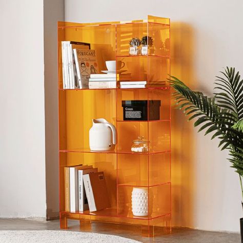 Glossy Interior Design, Acrylic Bookcase, Vertical Bookshelf, Metal Bookshelf, Acrylic Shelf, Acrylic Furniture, Bookshelf Styling, Glam Style, Green Style