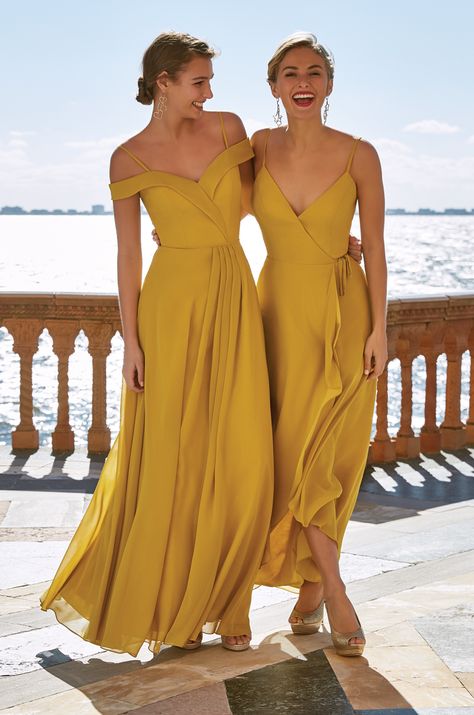 Bridesmaid Dress Mustard, Mustard Color Bridesmaid Dress, Saffron Bridesmaid Dress, Mustard Yellow Bridesmaids Dress, Form Fitting Bridesmaid Dresses, Ochre Bridesmaid Dresses, Fall Yellow Bridesmaid Dresses, Yellow Chiffon Dress Long, Burnt Yellow Bridesmaid Dresses