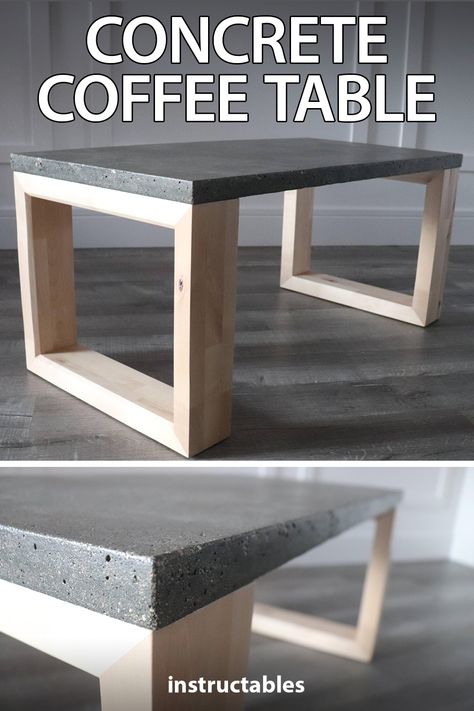 designcoyxe created this clean lines coffee table with a concrete top and wooden base. #Instructables #workshop #woodworking #furniture #modern Wooden Table Legs Diy, Wood And Concrete Furniture, Diy Cement Coffee Table, Concrete Coffee Table Diy, Coffee Table Legs Ideas, Living Room Table Diy, Diy Concrete Table, Cement Coffee Table, Coffee Table Concrete