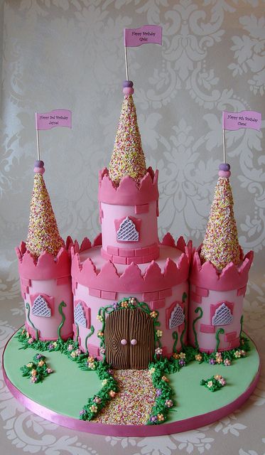 im thinking this style of cake for ellie, but decorated with candy. Have the main frame pink lemonade cake, the towers out of rice kripsy treats, with a gumdrop path. The tower roof will be an ice cream cone covered in frosting and rolled in sprinkles. Other candy: twizzlers, lots of pink candy Castle Birthday Cakes, Princess Castle Cake, Birthday Cake Pictures, Castle Cake, Princess Castle, Cake Pictures, Princess Cake, Girl Cake, Birthday Cake Girls