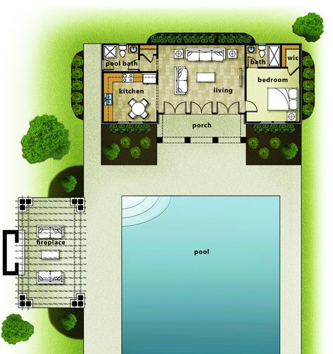 Pool House With Guest Quarters, Pool House Inlaw Suite, Pool House Awning, Pools In Front Of House, One Room Guest Cottage, 1 Bedroom Pool House Floor Plans, Pool And Guest House Ideas, Backyard With Guest House, Tiny Pool House Shed