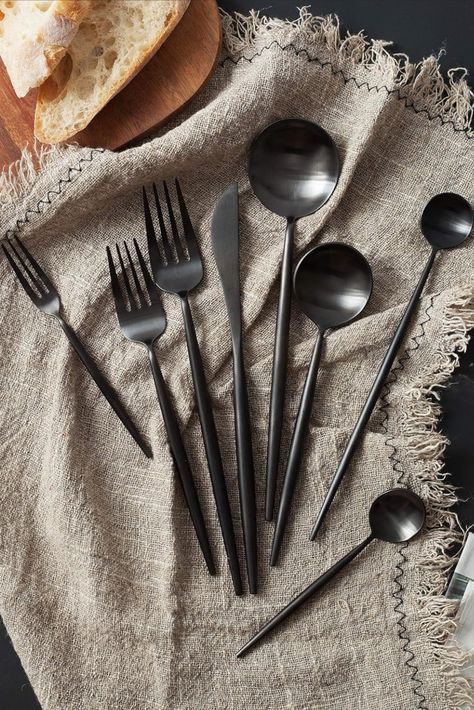 Homelux Theory 18/10 Matte Black Silverware Set Stainless Steel Black Flatware Set Black Utensil Set| 5-Piece Adaline Royal Modern Cutlery Set| Best Birthday Wedding Gift (2 Sets, Black Matte Polish) Cutlery Design Modern, Black Matte Silverware, Matte Black Utensils, Matte Black Cutlery, Ikea Silverware, Black Kitchenware, Matte Black Kitchen Accessories, Cutlery Aesthetic, Aesthetic Utensils