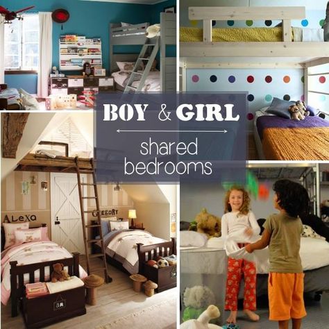 Do you have a houseful?  We do. Here are ideas on how to have siblings share a room, *especially* if they are opposite genders.  Your kids can share a space while maintaining their own “zones”. Love these… Boy and Girl Shared Rooms   Loft Level.  Instead of building a set of bunk beds, consider making … Sibling Bedroom, Shared Bedroom Ideas, Boy And Girl Shared Room, Boy And Girl Shared Bedroom, Shared Boys Rooms, Sibling Room, Girls Shared Room, Boys Shared Bedroom, Kids Rooms Shared