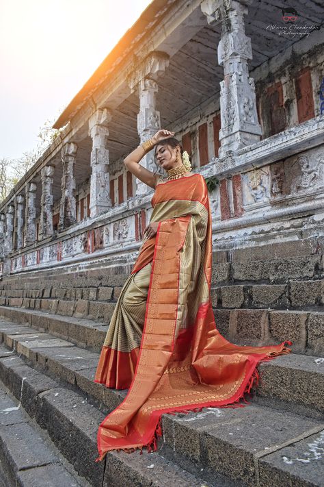 Kanjivaram Saree Photography on Behance Traditional Saree Photoshoot Poses In Temple, Temple Saree Photoshoot, Saree Poses In Temple, Saree Shoot Photography Outdoor, Saree Photoshoot Outdoor, Temple Photoshoot Women, Saree Shoot Photography, Traditional Photoshoot Ideas, Bold Saree Photoshoot