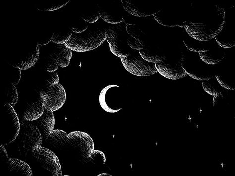 Black and white crescent moon, stars and clouds illustration on scratchboard. Secret Midnight Press Crystals Quotes, Clouds Illustration, Scratch Paper Art, Crescent Moon Art, Stars And Clouds, Inktober 2022, Night Sky Moon, Insta Highlight, Lunar Moon