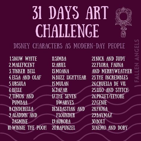 Draw Disney Characters as modern-day people. 31 Days Art Challenge!! 30 Day Character Challenge, 30 Days Digital Art Challenge, 30 Days Sketching Challenge, 31 Day Challenge Drawing, Balayage, Drawing Day Challenge, Drawing Challenge 30 Day Beginner, 31 Days Of Drawing Challenge, 5 Day Drawing Challenge