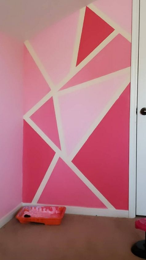 Easy Painters tape design for girls room in different shades of pink.  Entire makeover on YouTube Hot Pink Kids Room, Pink Room Painting Ideas, Designs For Painting Walls, Pink Wall Colour Combination, Painter Tape Designs Wall, Room Paint Designs Bedroom Ideas, Wall Design Ideas Bedroom Paint, Room Color Ideas Aesthetic, Accent Walls In Bedroom Paint