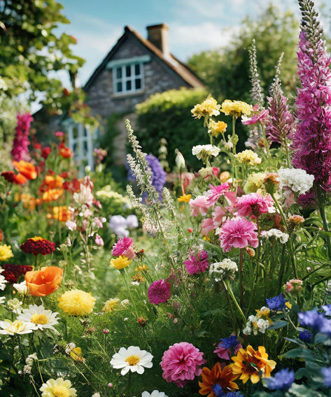 A vibrant cottage garden filled with a variety of colorful flowers in front of a quaint stone house, showcasing the beauty of lush garden blooms. Landscape Design Cottage, Cottage With Flower Garden, Cottage Garden Walkway, Garden Full Of Flowers Aesthetic, Natural Flower Garden, Cottage Garden Photos, Wild Flower Front Garden, Wildflowers In Garden, Cottage Garden With Roses