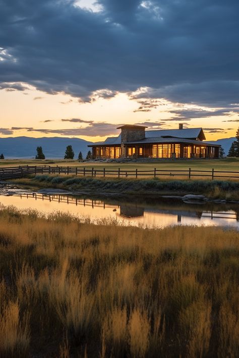 House Out In The Country, Horse Ranch House Aesthetic, Big Ranch Style Homes, Wyoming Houses Dream Homes, Lots Of Land House, Modern Farm Ranch House, Dream House In The Country, Ranch Life Aesthetic House, Owning Land Aesthetic