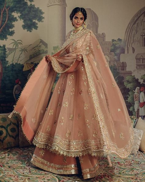 In an elegant ode to tradition, a beautifully crafted pishwas, rendered in soft coral, is intricately embellished with gold florals in… | Instagram Indian Bridal Gown, Pengantin India, Desi Dress, Desi Wedding Dresses, Desi Dresses, Pakistani Fancy Dresses, Net Dress, Pakistani Fashion Party Wear, Beautiful Pakistani Dresses