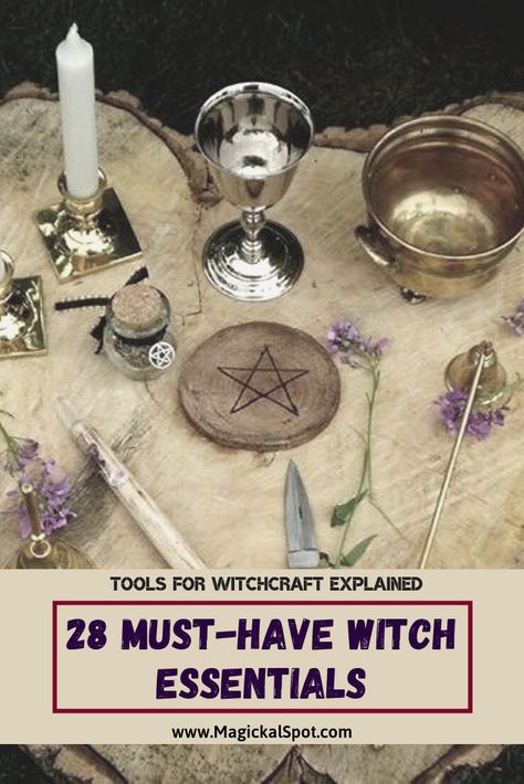 Here's a list of 28 Witchcraft tools, also known as Witch Essentials.   You can also learn a few things about each one.   It's a looong article! :)   #witchtools #witchcraft #witch Hippies, Things Every Witch Needs, Witchcraft Tools For Beginners, Male Witch Fashion, Witch Essentials List, Witchcraft Supplies List, Witch Crafts Diy Ideas, Witch Supplies List, Witchcraft Altar Ideas