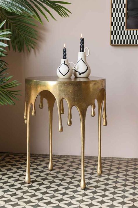 Upcycling, Statement Side Table, Gold Bar Table, Gold Side Table Living Room, Bold Bedroom Ideas, Gold Side Tables, Drip Table, Vintage Art Deco Interior, Quirky Living Room