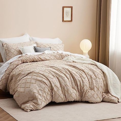 Tan Tufted Shabby Chic Bedding Comforter Set for All Seasons, 3 Pieces Western Comforter Set, Farmhouse Modern Bed Set, Spring Bedding for Women Men Girls Farmhouse Bed Set, Tufted Bedding, Neutral Comforter, Simple Duvet Cover, Full Size Comforter Sets, Western Comforter Sets, Comforter Sets Boho, Boho Bedding Sets, Queen Size Comforter Sets