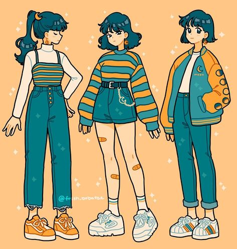 Emily Kim on Instagram: “Some casual outfits :) comment your favorite fit(s), or mix and match!!” Outfit Ideas Drawing, Hiasan Bilik Tidur, Cartoon Kunst, Arte Do Kawaii, Art Outfits, Clothing Sketches, Three Girls, Clothing Design Sketches, Japon Illustration