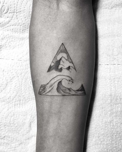 Wave and mountain in a triangle tattooed on the right forearm Beach Mountain Tattoo Simple, Mountain And Beach Tattoo Ideas, Wave Mountain Tattoo Simple, Mountains Waves Tattoo, Beach Triangle Tattoo, Triangle Ocean Tattoo, Mountain Triangle Tattoo, Wave Beach Tattoo, Triangle Mountain Tattoo