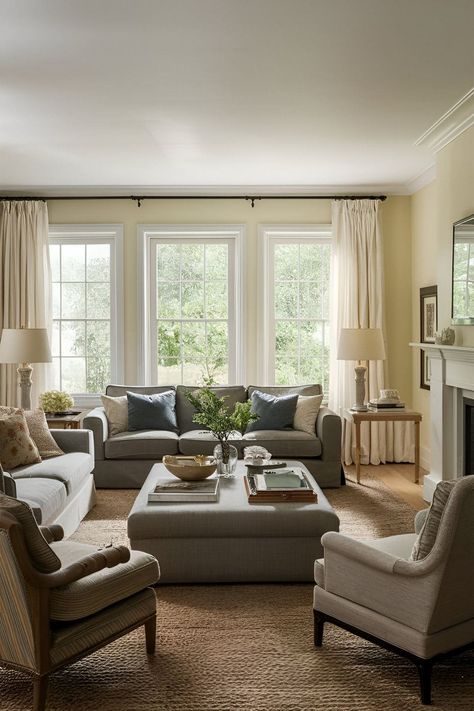 15 Large Living Room Layouts You Need To Try Right NOW! Living Rooms With Two Seating Areas, 2 Sofas In Living Room Layout Fireplaces, Large Room Furniture Layout, Two Part Living Room, 2 Seating Areas In Living Room, Colonial House Family Room, Living Room Decor Big Window, 17x13 Living Room Layout, Living Room Layout With Entry Door