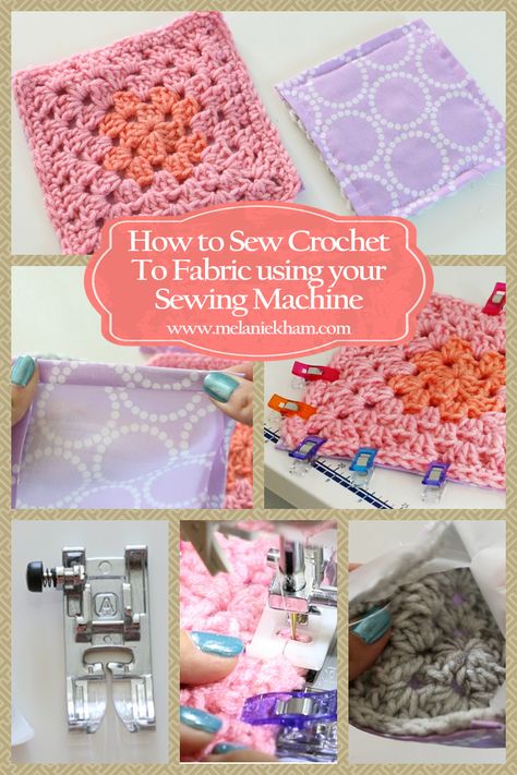 How to sew fabric to crochet using your sewing machine Sewing Fabric Onto Crochet, Sew Fabric To Crochet, Sewing Crochet To Fabric, Sewing Fabric To Crochet, Crochet Sewing Machine, How To Sew Fabric To Crochet, Beginner Sewing Machine Projects Easy, Sewing Crochet Pieces Together, Sewing Machine Projects For Beginners