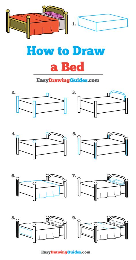 Step By Step Furniture Drawing, Cute Bed Drawings, 3d Bed Drawing, How To Draw A Bed Step By Step, Bed Perspective Drawing, How To Draw Bedroom, How To Draw Furniture, Perspective Bedroom Drawing, How To Draw A Bed