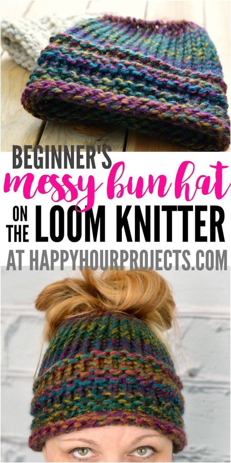 Loom Knitting Patterns Hat, Loom Knitting For Beginners, Round Loom Knitting, Messy Bun Hat Pattern, Circle Loom, Loom Hats, Loom Knitting Tutorial, Loom Knit Hat, Loom Knitting Stitches