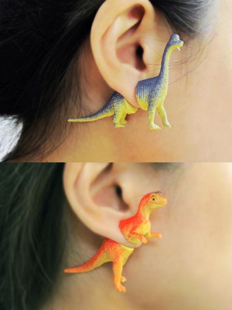 Retro Dinosaur, Plastic Dinosaur, Plastic Dinosaurs, Dinosaur Earrings, Funky Earrings, Recycled Jewelry, ดินปั้น Polymer Clay, Dinosaur Toys, Upcycled Jewelry