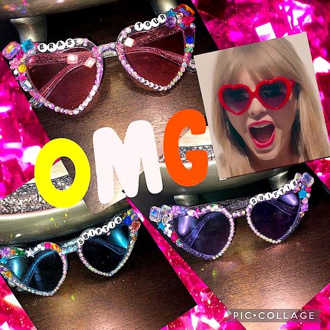 You Going To A Taylor Swift Concert? Are You A Tswift Fan? These Were Done For A Customer Wanting To Rock At Tswift’s Show. How Cute Are These Glitter Heart Sunglasses That Read Eras Tour And Swiftie? These Are Just Like Her Glasses But With A Little More Flair - I Can Do These In Any Color Sunglasses And They Can Read Absolutely Anything!!! Great For All Occasions- Let Me Know If You Need Any To Add To Your Next Event! Thank You For Your Support Taylor Swift Heart Glasses, Taylor Swift Glasses, Taylor Swift Sunglasses, Taylor Sunglasses, Taylor Swift Eyes, Swiftie Party, Diy Eye Mask, Crafts 2024, Glasses Inspo