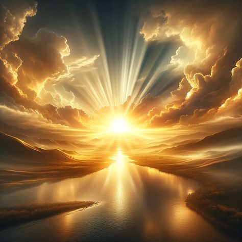 A breathtaking sunrise over a serene landscape, symbolizing new beginnings and hope. The sun's rays are breaking through the clouds, casting a warm, golden light across the scene. This scene captures the essence of spiritual awakening and enlightenment, with the light representing the divine presence. The landscape includes gentle hills and a calm river, reflecting the sunrise, creating a... Divine Background, Light Through Clouds, Sun Rays Through Clouds, Sketch Scenery, New Beginnings Art, Hope Background, Sun Rays Tattoo, Enlightenment Art, Breaking Through The Clouds