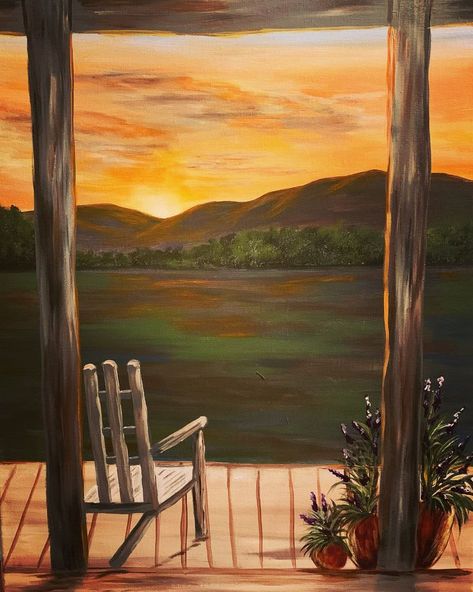 Chair on the front porch looking at the mountain sunset is a landscape acrylic painting on a stretched 16 x 20 canvas Tela, Farm Paintings On Canvas, Western Sunset Drawing, Creek Painting Easy, Painting Ideas On Canvas Beach Sunset, Scenery Painting Ideas On Canvas, Painting Ideas On Canvas Outdoors, Sunset Farm Painting, Farm Sunset Painting