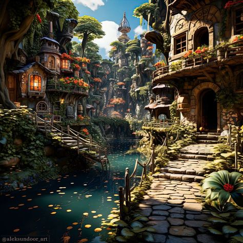 Jungle Village Art, Jungle Fantasy Landscape, Jungle Fantasy City, Feywild Village, Rainforest Village Concept Art, Rainforest City Fantasy Art, Fantasy Jungle Village, Jungle City Fantasy Art, Fantasy Tropical City