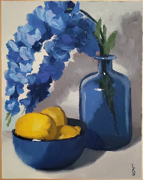 Contemporary impressionist still life oil painting of blue flowers in a blue glass vase and a bowl of lemons against a tan background. Great home decor for kitchens, living rooms and guest rooms. Happy summer themed gift for Mother's Day, anniversaries or housewarming. Vase Still Life Painting, Lemons In A Bowl Painting, Still Life Vase Painting, Blue Vase Painting, Still Lives Painting, Summer Theme Painting, Still Life Painting Flowers, Contemporary Still Life Painting, Blue Glass Vase Decor