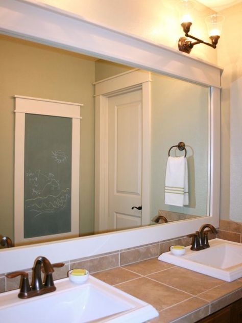 Expert designer Janell Beals transforms a bathroom mirror by adding decorative trim in this how-to on HGTV.com. Large Bathroom Mirrors, Bathroom Mirrors Diy, Bathroom Mirror Frame, Bad Inspiration, Sink Vanity, Mirror Wall Bathroom, Wooden Mirror, Up House, Bathroom Redo