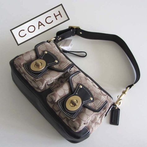 Rare, Beautiful Khaki/Black Coach ( Style: Legacy Signature F12869 ) Shoulder Bag With Signature 'C' Pattern In Khaki Fabric, Leather Trim/Bottom/Shoulder Strap, Coach Key Fob, Adjustable Shoulder Strap, Exterior Back Zip Pocket And 2 Exterior Front Turnlock Closure Pockets. Zip Top Closure Opens To Roomy Interior With Back Wall Zipper Pocket And 2 Slip Pockets. Brushed Brass Hardware And Leather Zipper Pulls. Approximate Measurements: 12 1/2"(H) X 8"(W) X 4 1/2"(D). Condition: Brand New With Ta Coach Legacy Bag, Y2k Coach Bag, Purses 2024, Coach Vintage Handbags, Coach Bags Outlet, Cheap Coach Handbags, Brushed Brass Hardware, Coach Legacy, Coach Tote Bags
