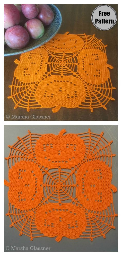 Halloween Pumpkin Lace Doily Free Crochet Pattern Halloween Doilies, Halloween Doily, Crochet Coasters Free Pattern, Free Crochet Doily Patterns, Crochet Pattern Free, Crochet Doily Diagram, Crochet Dollies, Halloween Crochet Patterns, Crochet Headband Pattern