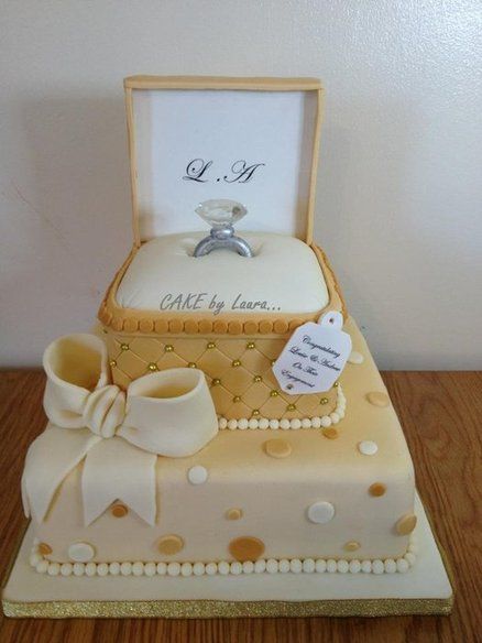 Gold ring box ~ all cake.  So pretty! Great fondant work .. Traditional Wedding Cake, Gold Ring Box, Engagement Cake Design, Rodjendanske Torte, Engagement Party Cake, Ring Cake, Traditional Wedding Cakes, Engagement Cake, Bridal Shower Cakes