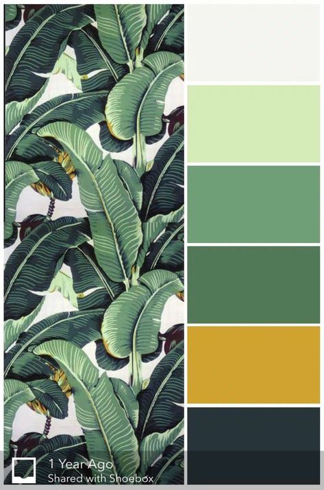 Tropical Leaves | Green colour palette, Room color schemes, Colorful interiors Romantic Colors Palette, Color Palette Living Room, Art Deco Bedroom, Yellow Colour Scheme, Estilo Tropical, Green Color Schemes, Deco Nature, Color Schemes Colour Palettes, Green Palette