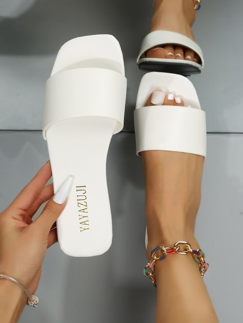 White Elegant Collar   Plain Slides Embellished   Women Shoes Comfy White Shoes, White Sandles Women, White Slip On Sandals, Sandles Outfits Women, White Summer Shoes, White Sandals Flat, Elegant Slippers, White Slides Sandals, Women Slippers Fashion