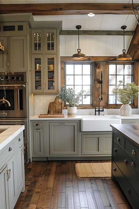 Choose the Perfect Color for Your Farmhouse Kitchen Cabinets - Quiet Minimal Kitchen Modern Country Style, Cozy Kitchen Cabinet Colors, Cool Bar Ideas Home, Small Farmhouse Kitchen Layout, White Gray And Wood Kitchen, Kitchen Walls And Cabinets Same Color, Cabin Kitchen Interiors, Cottage Style Homes Interior Kitchen, Simple Farm Kitchen