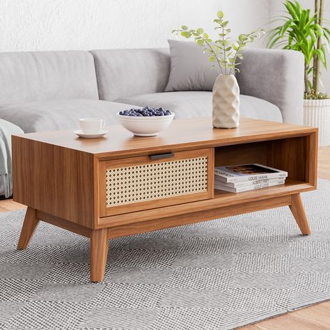 PRICES MAY VARY. A Stunning Combination: the Centre Table for Living Room Combines the Rich, Warm Beauty of Acacia Wood With the Intricate, Woven Texture of Synthetic Rattan, Adding a Touch of Elegance to Any Living Space VERSATILE STORAGE: This mid century coffee table has two large drawers, two open shelves, and a large top that can support up to 264 pounds, giving you plenty of storage space to organize your items UNDER 5 MINUTES WOOD COFFEE TABLE ASSEMBLY: The rattan coffee table comes semi Large Rectangle Coffee Table, Rattan Drawers, Living Room Center, Coffee Table With Drawers, Centre Table, Mid Century Modern Coffee Table, Rattan Coffee Table, Mid Century Coffee Table, Coffee Table Rectangle