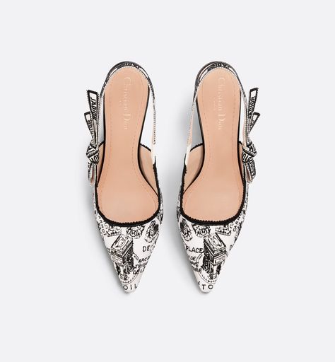 J'Adior Slingback Pump White and Black Cotton Embroidered with Plan de Paris Motif | DIOR Dior Slingback, Ribbon Flats, Plan Paris, Avenue Montaigne, Happy Woman Day, Embroidered Ribbon, Christian Dior Couture, Beautiful Bouquet Of Flowers, Bow Flats