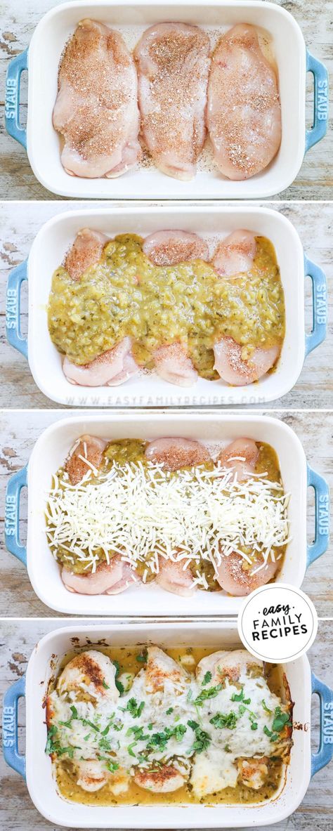 Salsa Verde Chicken Bake Chicken With Salsa Verde, Family Dinner Easy, Chicken With Salsa, Salsa Verde Chicken Recipe, Salsa Chicken Bake, Chicken Verde, Verde Chicken, Salsa Verde Recipe, Salsa Verde Chicken