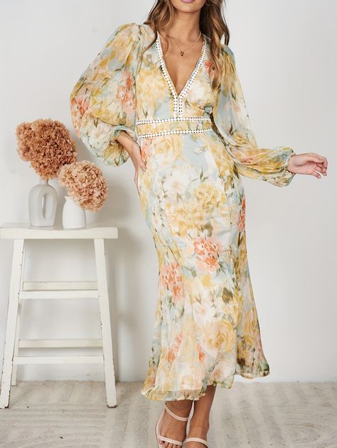 Faster shipping. Better service Yellow Long Sleeve Dress, Elegant Floral Dress, Slim Fit Tuxedo, Yellow Midi Dress, Chiffon Fashion, فستان سهرة, Dress Drawing, Dress Sleeve Styles, Printed Long Dresses