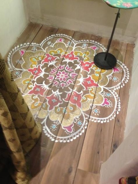 stenciled boho design and fun lighting. Love this idea for a coffee table. Kampar, Boho Styl, Painted Wood Floors, Painted Floor, 카페 인테리어 디자인, Stenciled Floor, Deco Boheme, Painted Floors, Stencil Painting