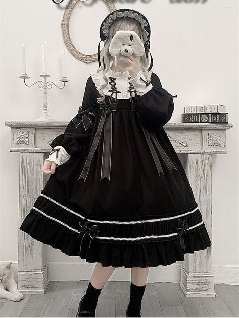 It features round neckline, lace-up design on both sides of the neckline, long sleeves, bowknots at the cuffs, ruffles and two bowknots on the front, empire waist, flounce hemline, two bowknots on the hem. Gothic Lolita, Gothic Lolita Dress, Op Dress, Elegant Gothic, Kawaii Fashion Outfits, Grunge Style, 여자 패션, Kawaii Clothes, Lolita Dress