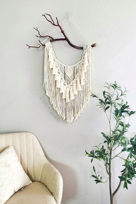 Get sneak peaks at all upcoming shop items when you follow me on IG! This macrame boho wall hanging with tassels is on a manzanita branch from my family property up in Utah. Macrame Wall Hanging With Tassels, Macrame Loop Hanger, Macrame Branch Wall Hanging, Ahg Woven, Macrame Branch, Branch Macrame, Macrame Wall Hanging Decor, Hanging Macrame Wall Art, Macrame Wall Hanging Large