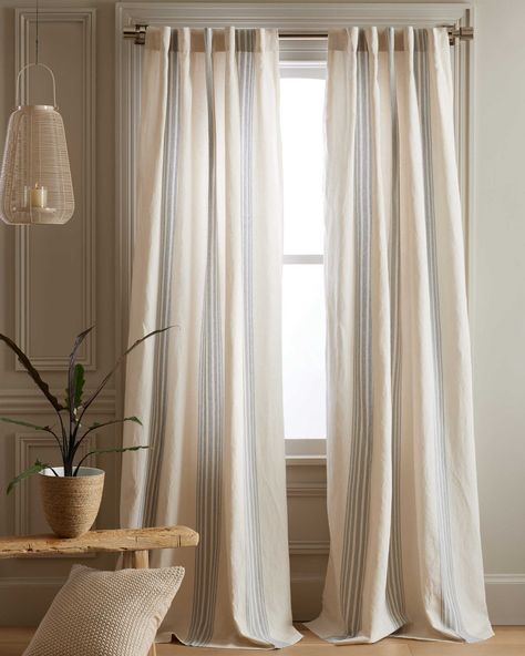 Tall White Curtains Living Room, Striped Linen Curtains, 108 Inch Curtains Living Rooms, Coastal Curtains Living Room, Curtains For Light Blue Walls, Coastal Living Room Curtains, Linen Drapes Living Room, Neutral Bedroom Curtains, Blue Coastal Living Room